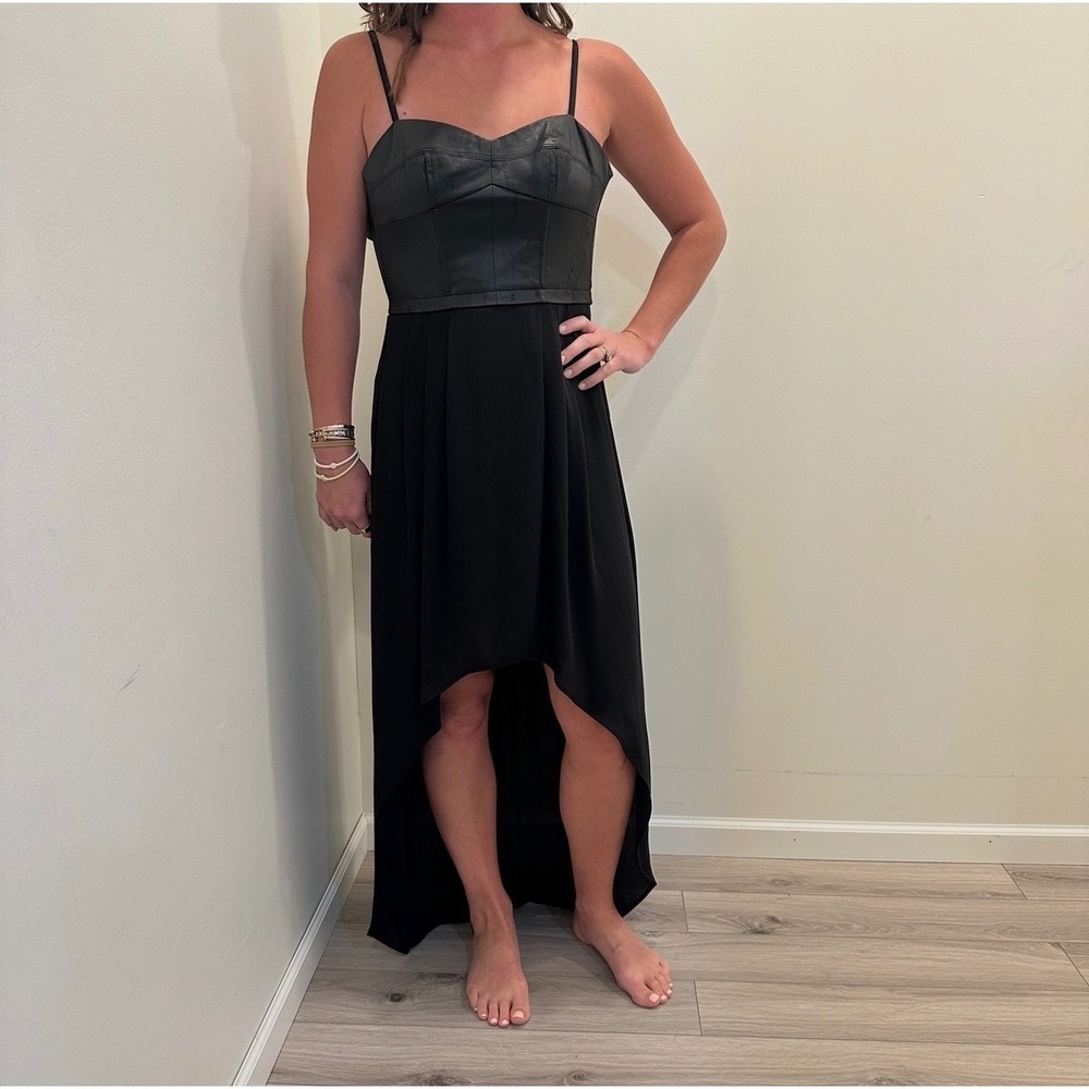 BCBGMAXAZRIA Black Faux Leather Corset Witchy High Low Gown Dress XS